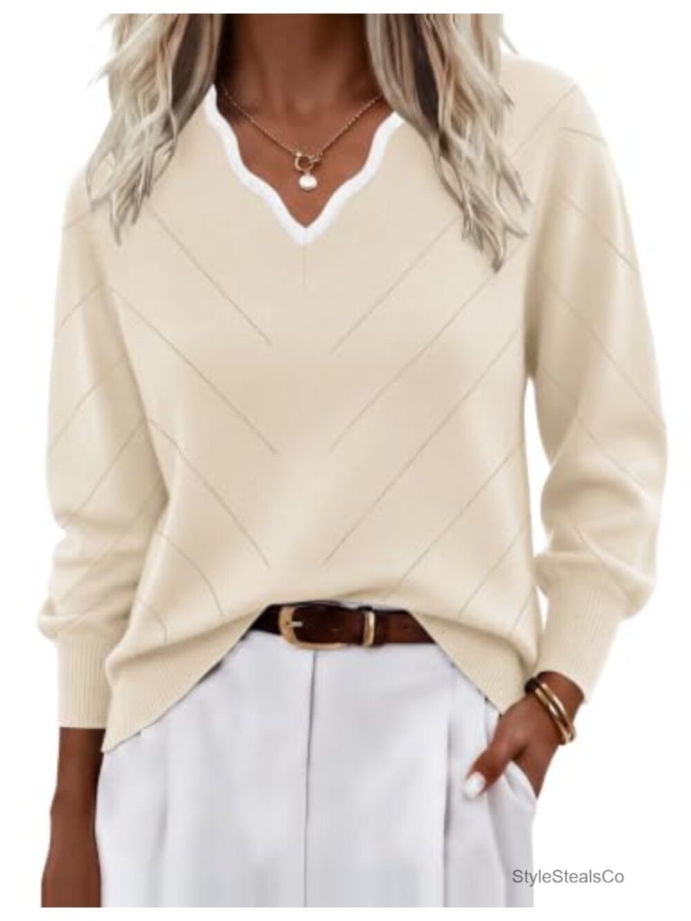 V Neck Lightweight Knit Long Sleeve Pullover Sweater